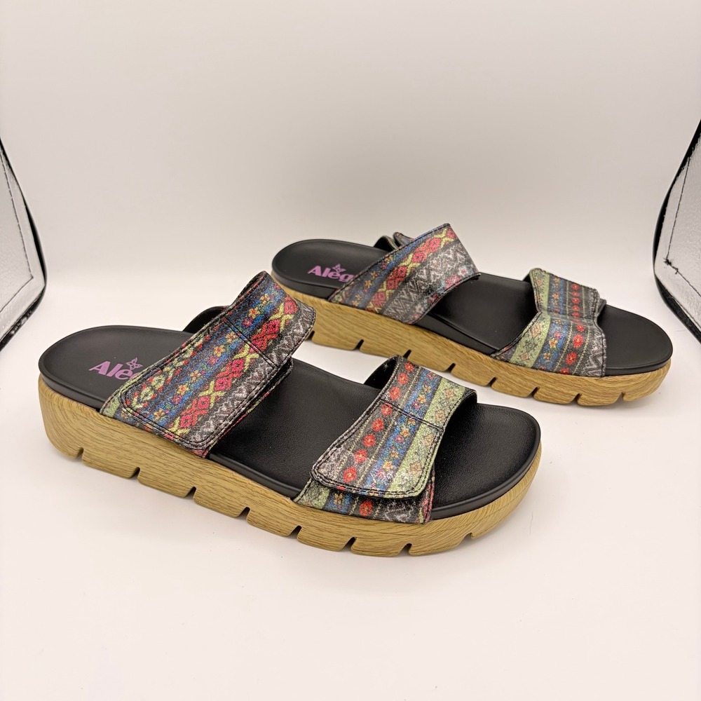 Alegria Slide Sandals 40 Boho Multi Color Platform Adjustable Straps LEN-592X